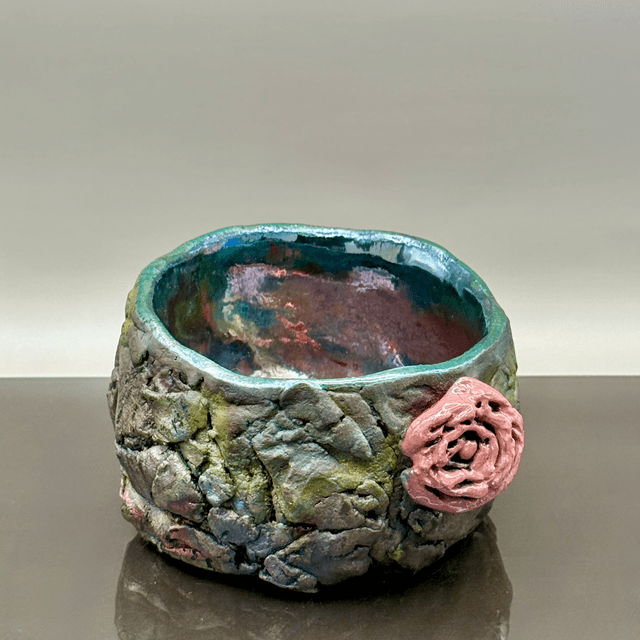 Pink rose raku fired crackpot